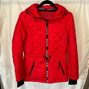 Michael Kors Red Hooded Puffer Down Winter Jacket With Diamond Quilting